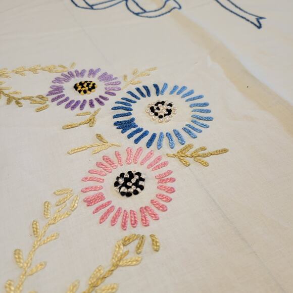 Vintage Handmade Bedspread Embroidered Flowers 72x80 Fringe Edges Floral Retro - Picture 7 of 14